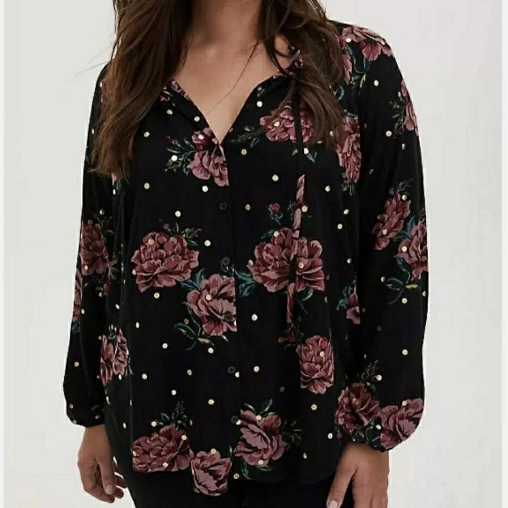 Torrid Floral/Polka Dot Pattern Longsleeve Blouse